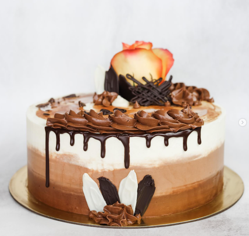 Chocolate ombré cake with dark ganache drip, fresh rose and chocolate decorations